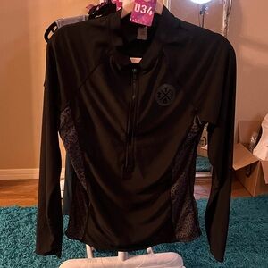 ZYIA Active Women's Black Leopard Long Sleeve Zippered Rashguard Top